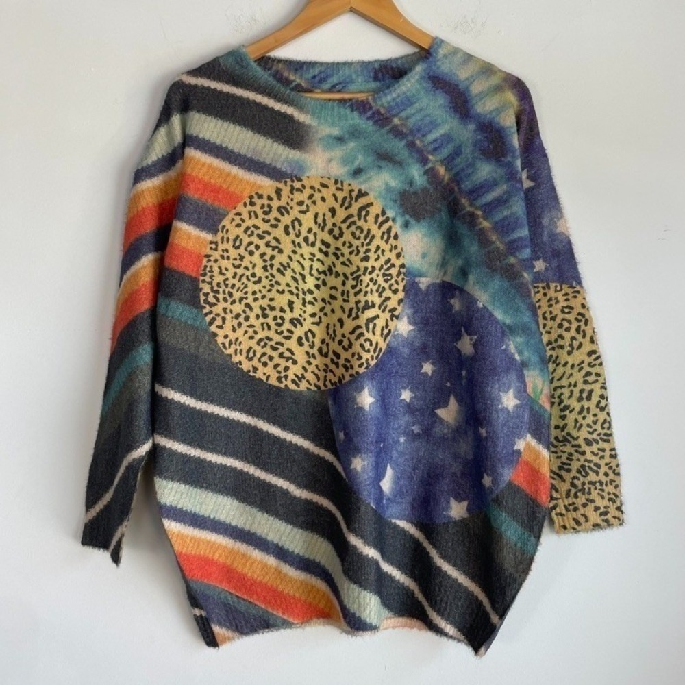 YESNO Cotton Wool Knit Celestial Sweater Small Moon Star Art to‎ Wear Leopard